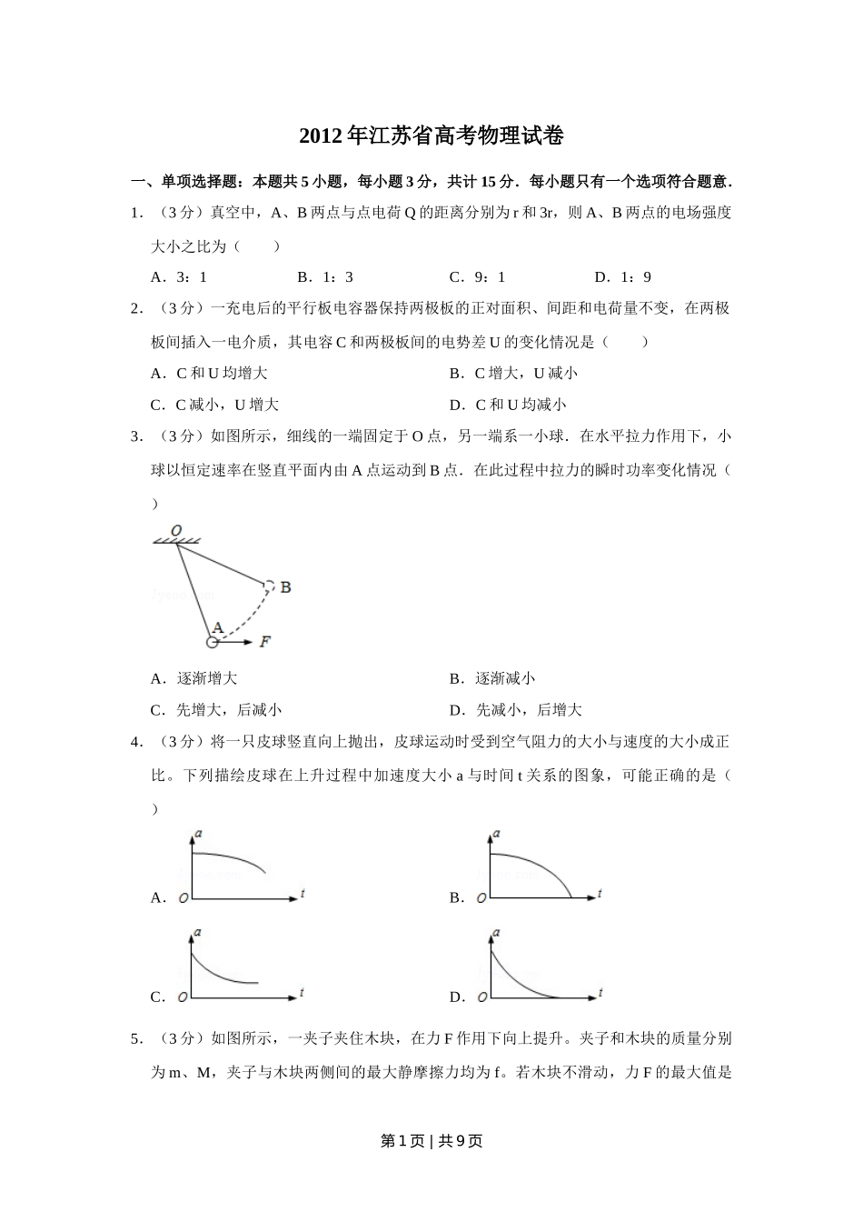 2012年高考物理试卷（江苏）（空白卷）.doc_第1页