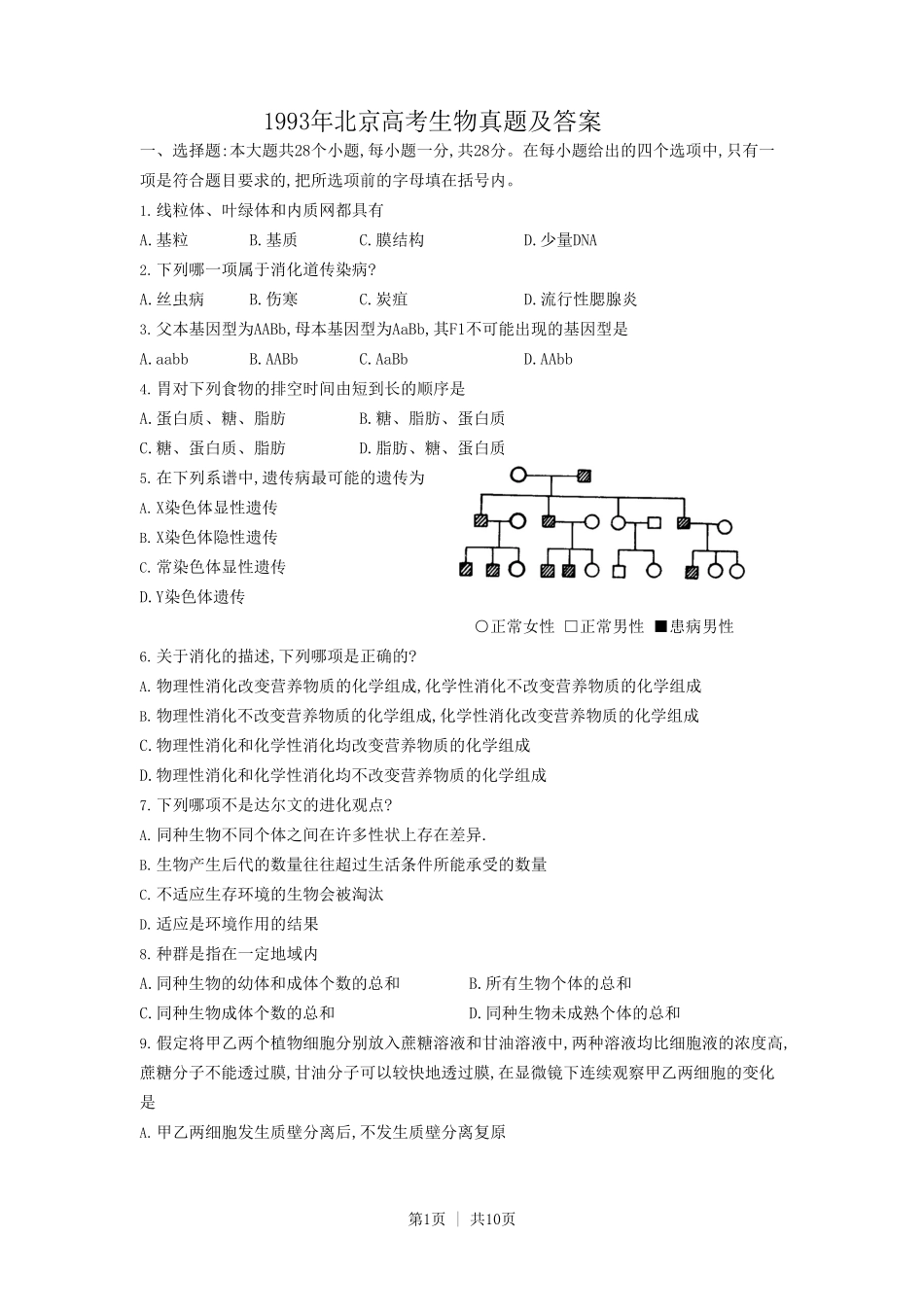 1993年北京高考生物真题及答案.pdf_第1页