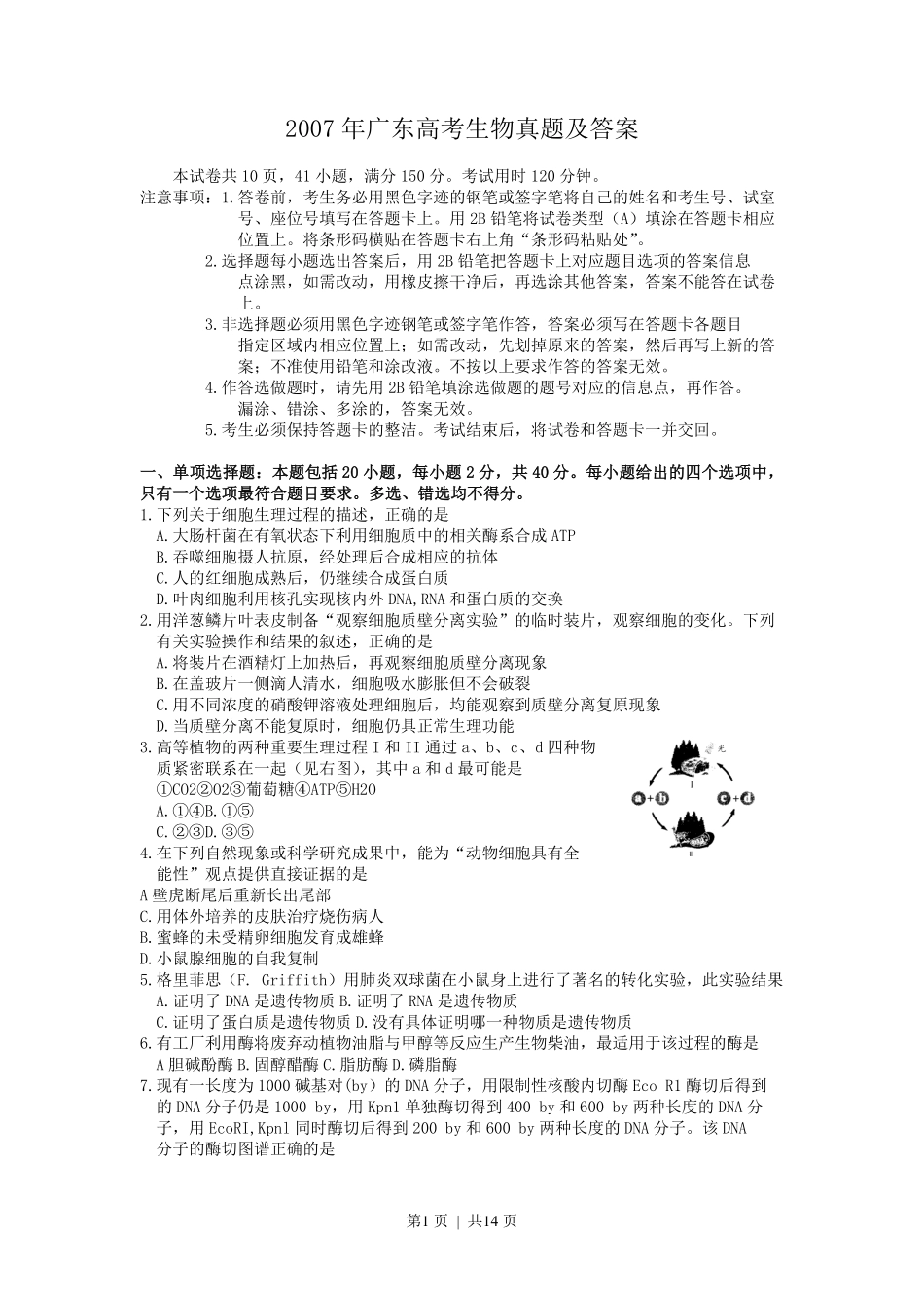 2007年广东高考生物真题及答案.pdf_第1页