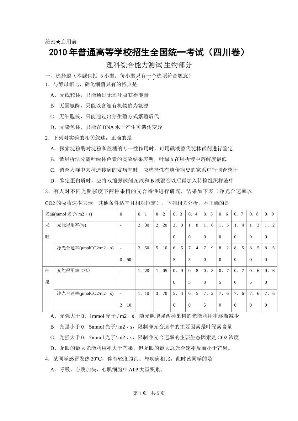 2010年高考生物试卷（四川）（解析卷）.doc_第1页
