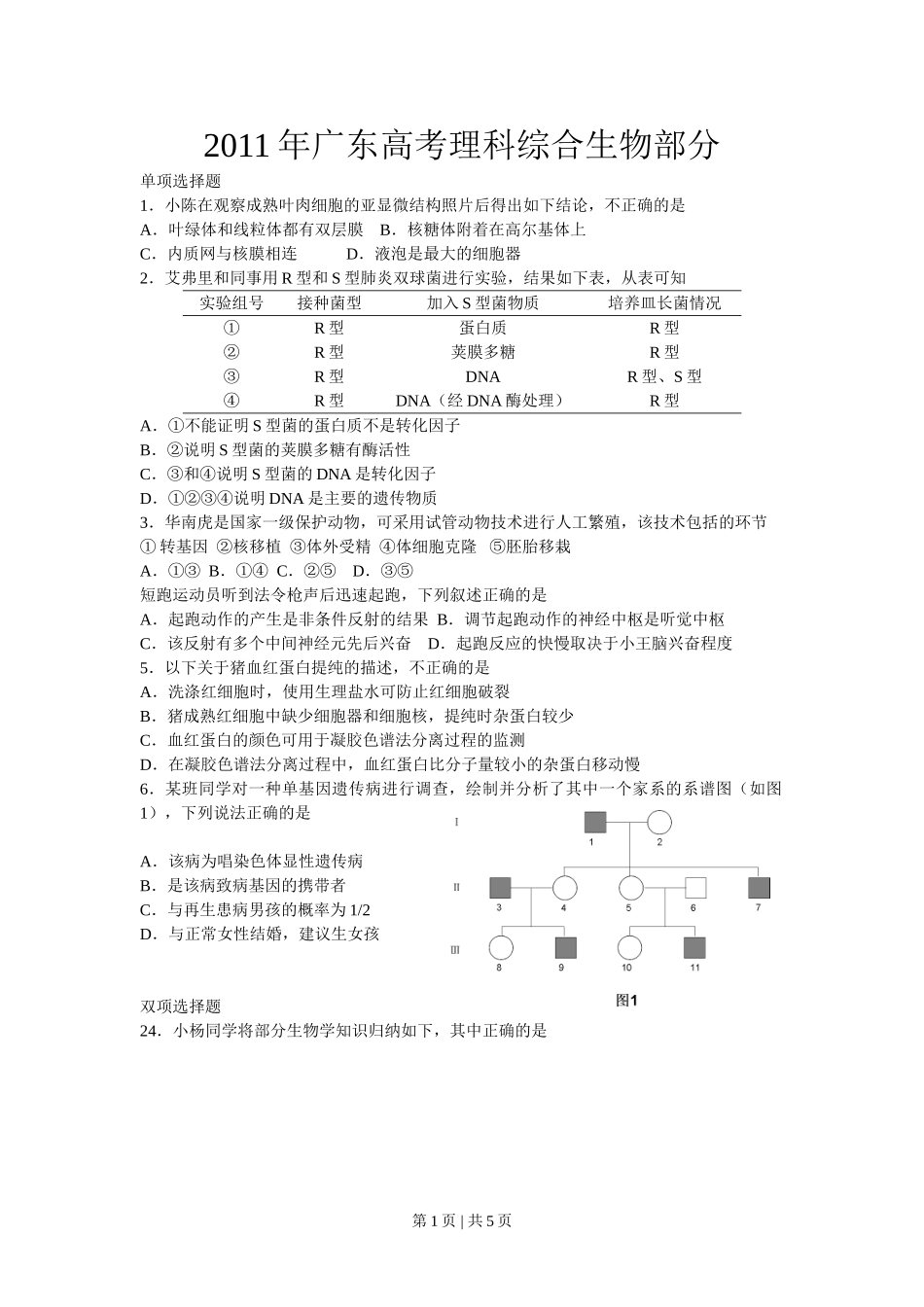 2011年高考生物试卷（广东）（空白卷）.doc_第1页