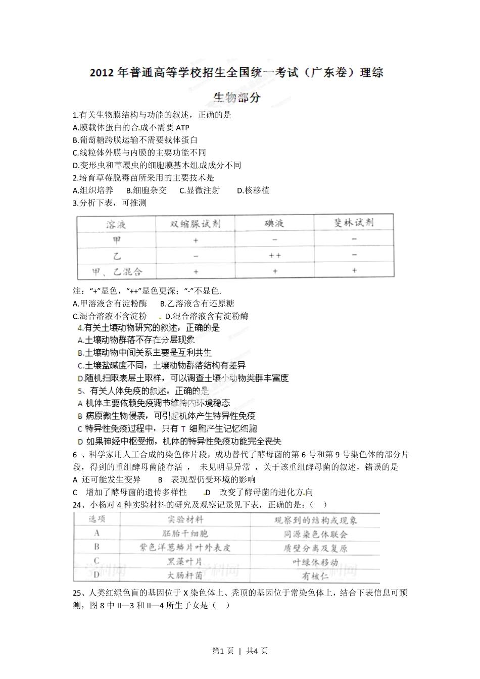 2012年高考生物试卷（广东）（空白卷）.pdf_第1页