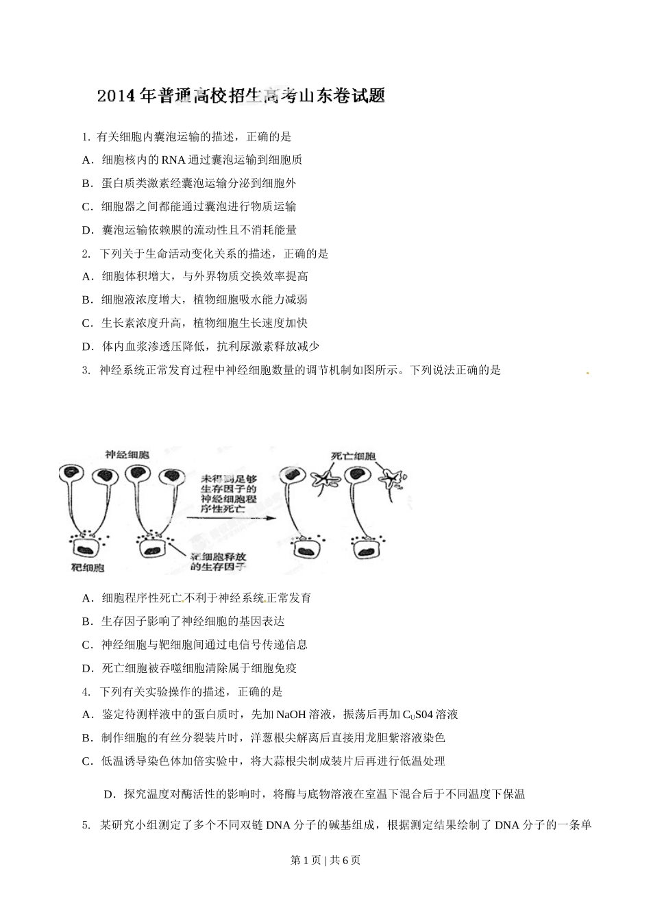 2014年高考生物试卷（山东）（空白卷）.doc_第1页