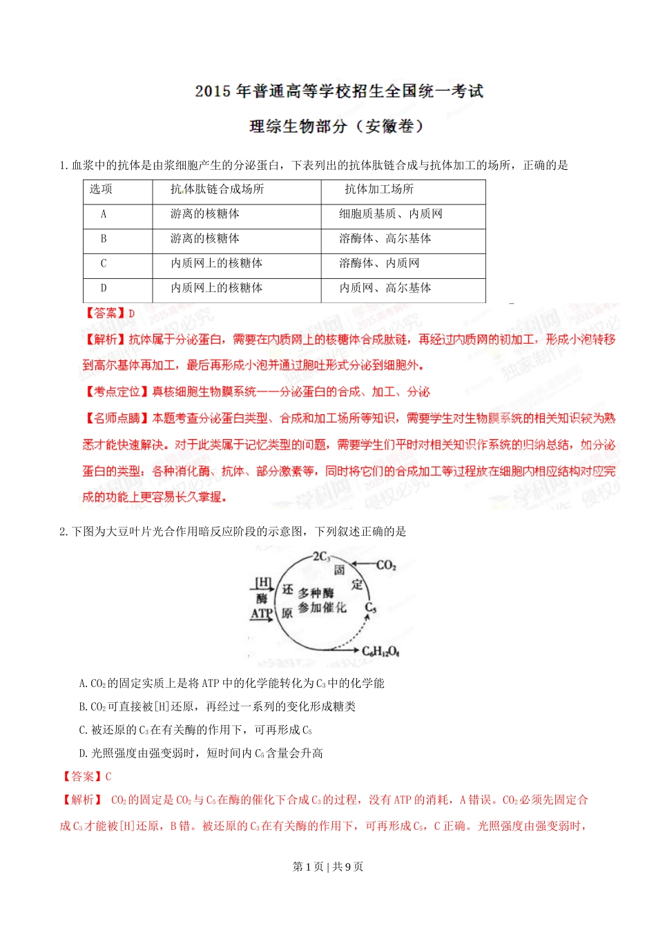 2015年高考生物试卷（安徽）（解析卷）.doc_第1页