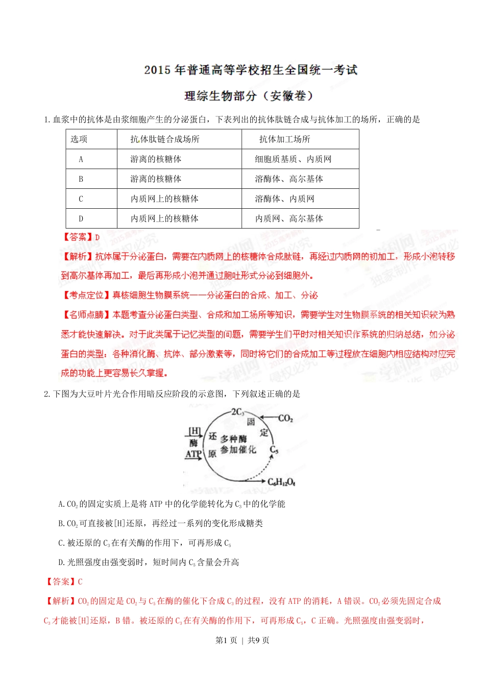 2015年高考生物试卷（安徽）（解析卷）.pdf_第1页