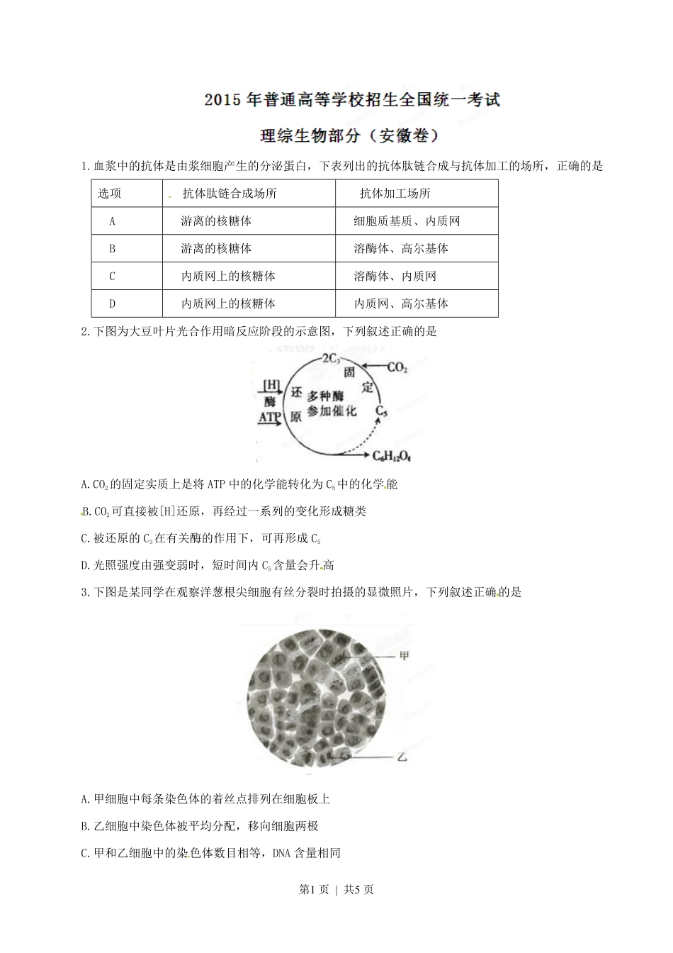 2015年高考生物试卷（安徽）（空白卷）.pdf_第1页