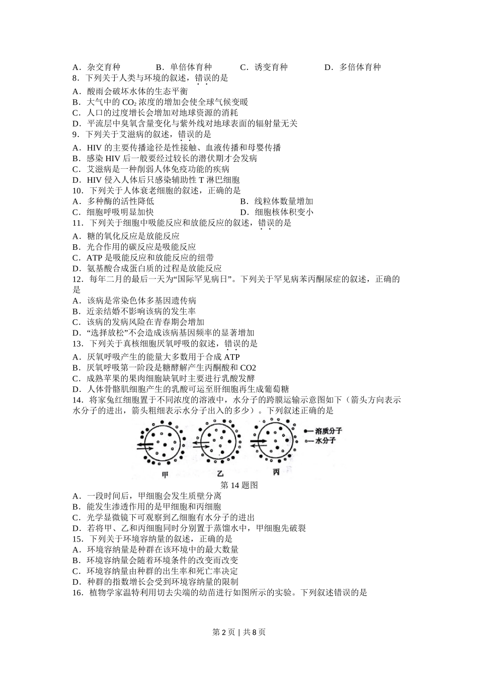 2017年高考生物试卷（浙江）（4月）（空白卷）.doc_第2页