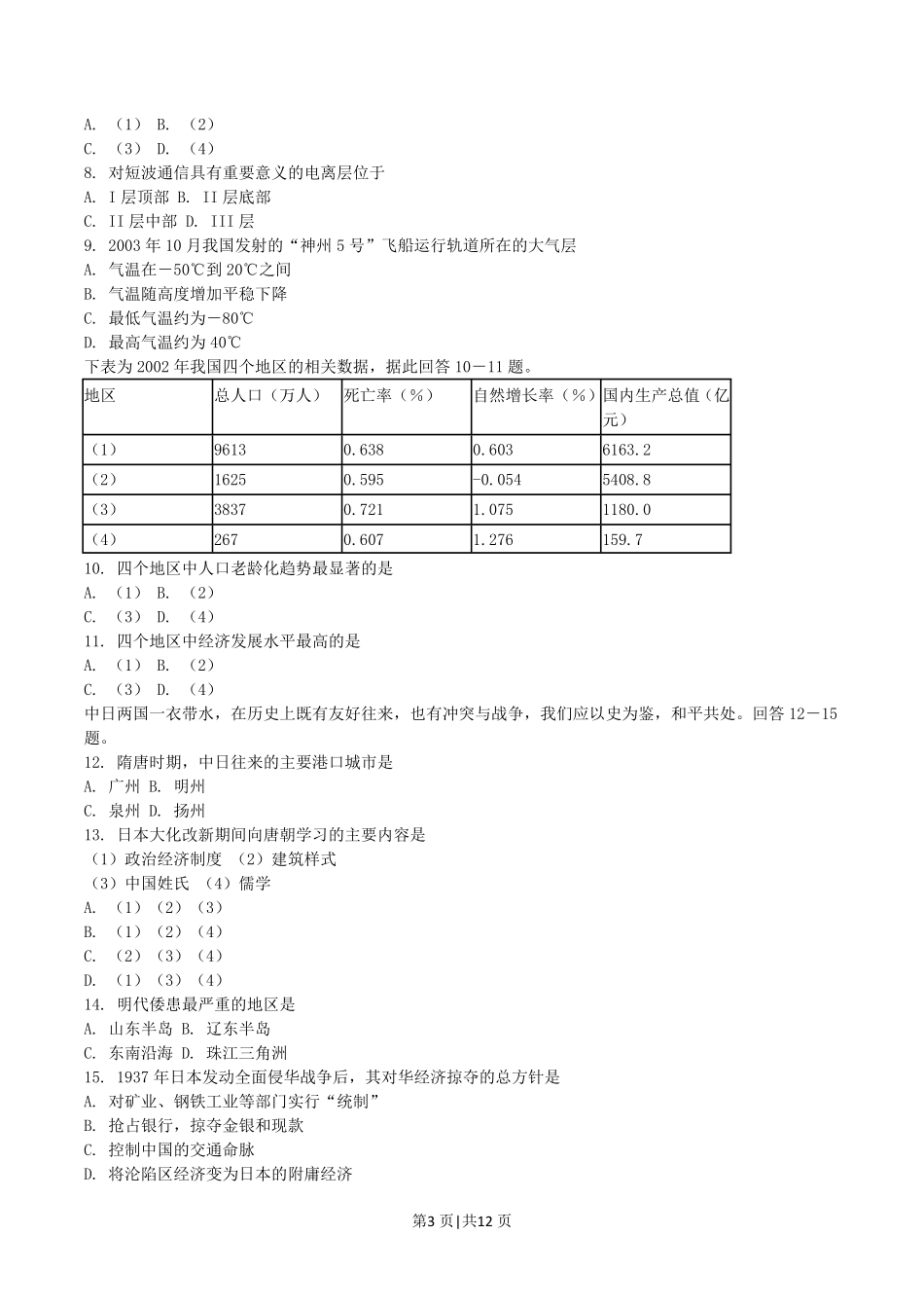 2004年贵州高考文科综合真题及答案.pdf_第3页