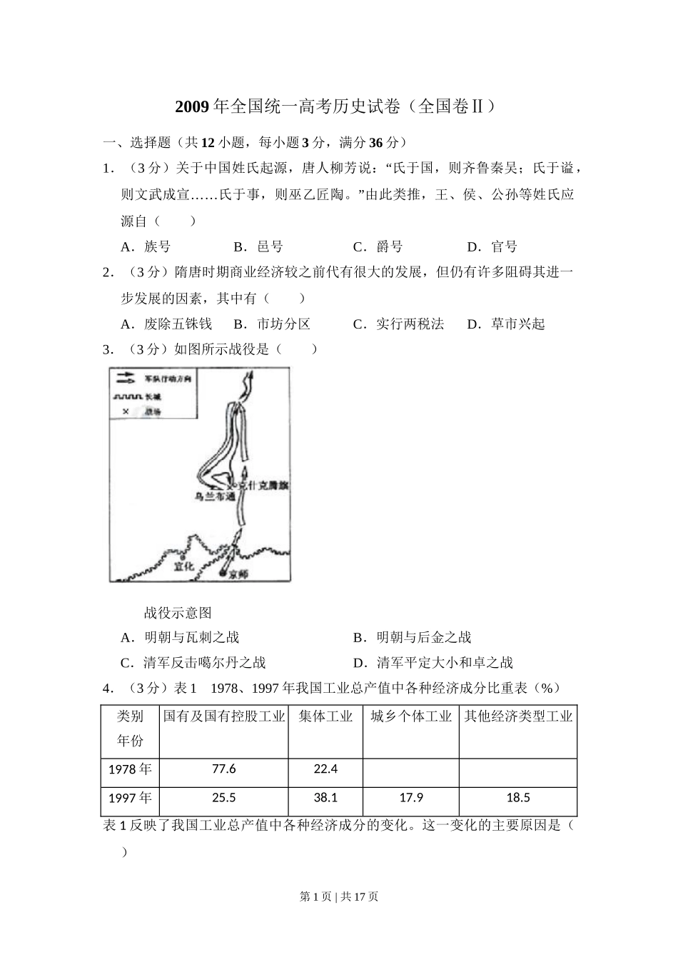 2009年高考历史试卷（全国卷Ⅱ）（解析卷）.doc_第1页