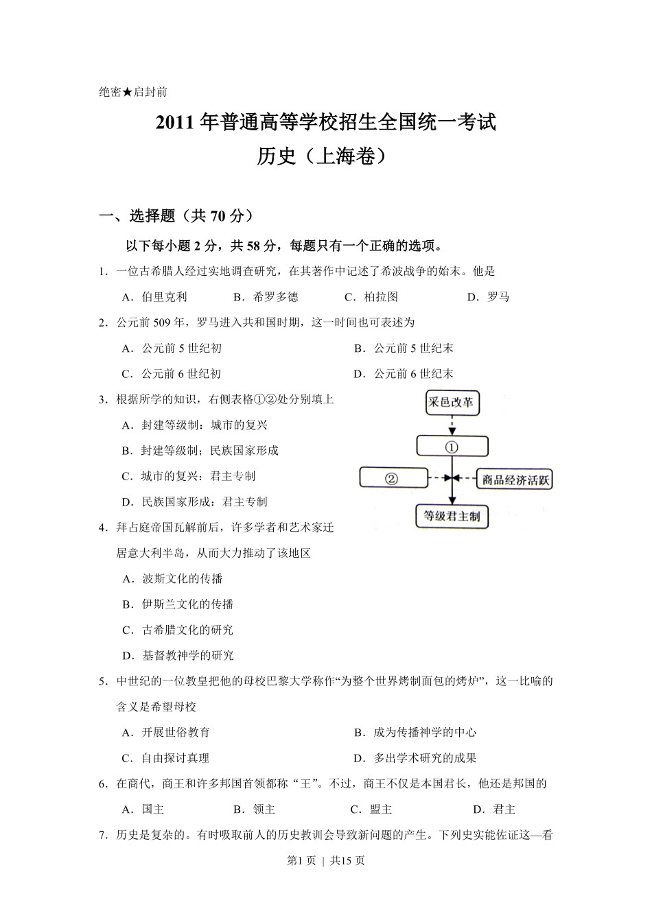 2011年高考历史试卷（上海）（答案）.pdf_第1页