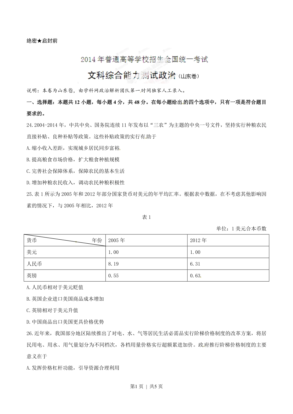 2014年高考政治试卷（山东）（空白卷）.pdf_第1页