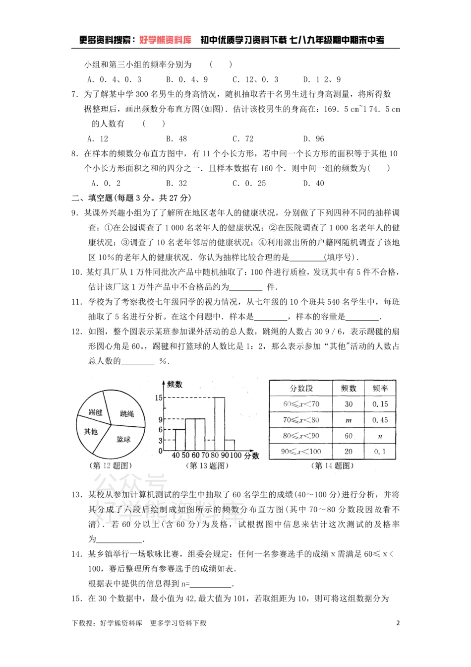八年级数学下册 第7章 数据的收集、整理、描述单元练习.pdf_第2页