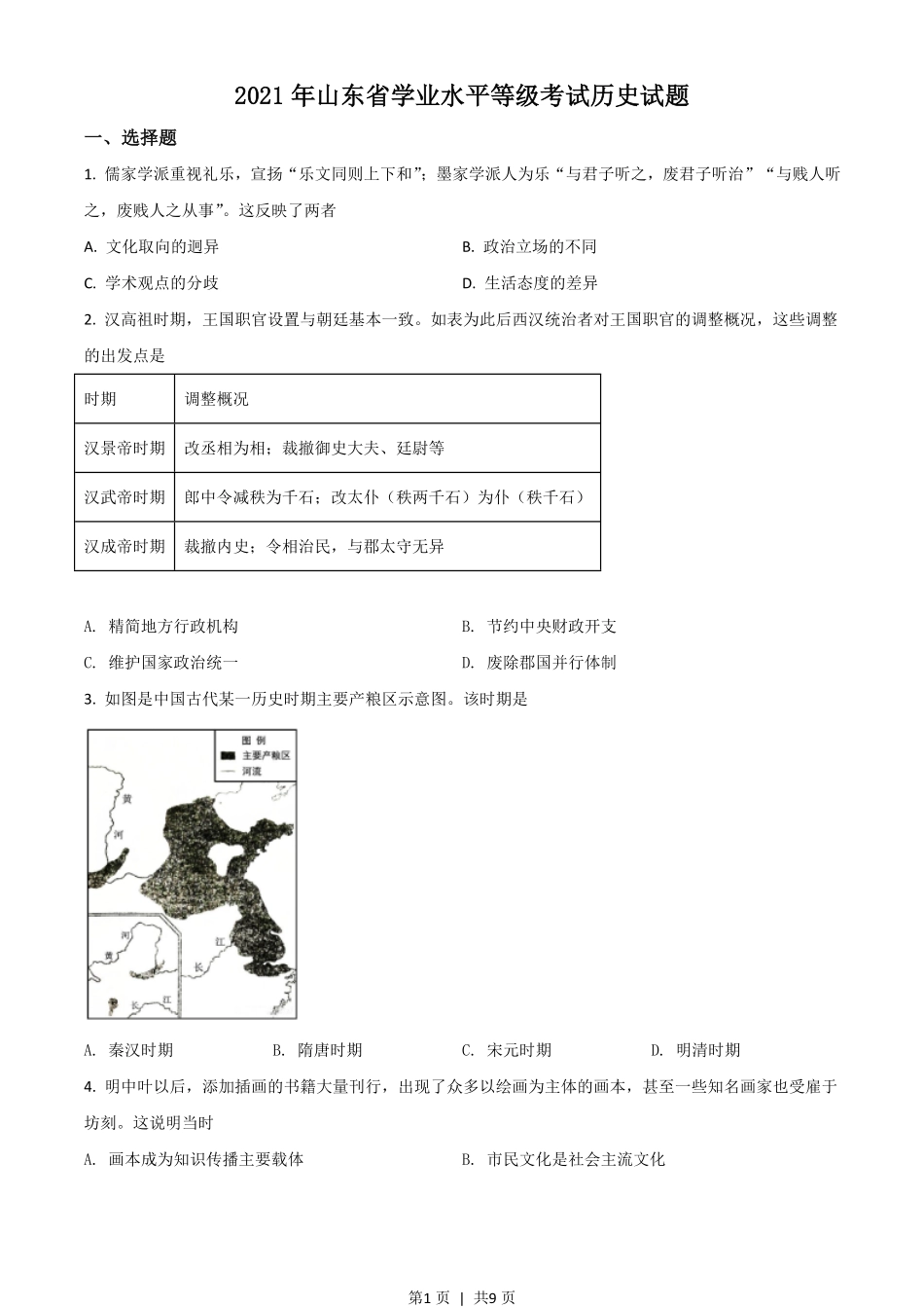 2021年高考历史试卷（山东）（空白卷）.pdf_第1页