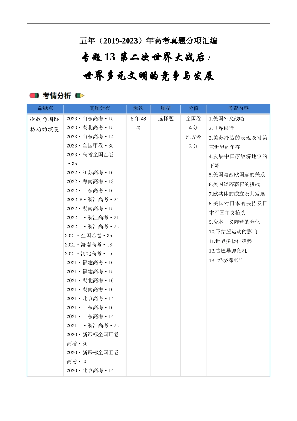 专题13 第二次世界大战后：世界多元文明的竞争与发展（解析版）.docx_第1页