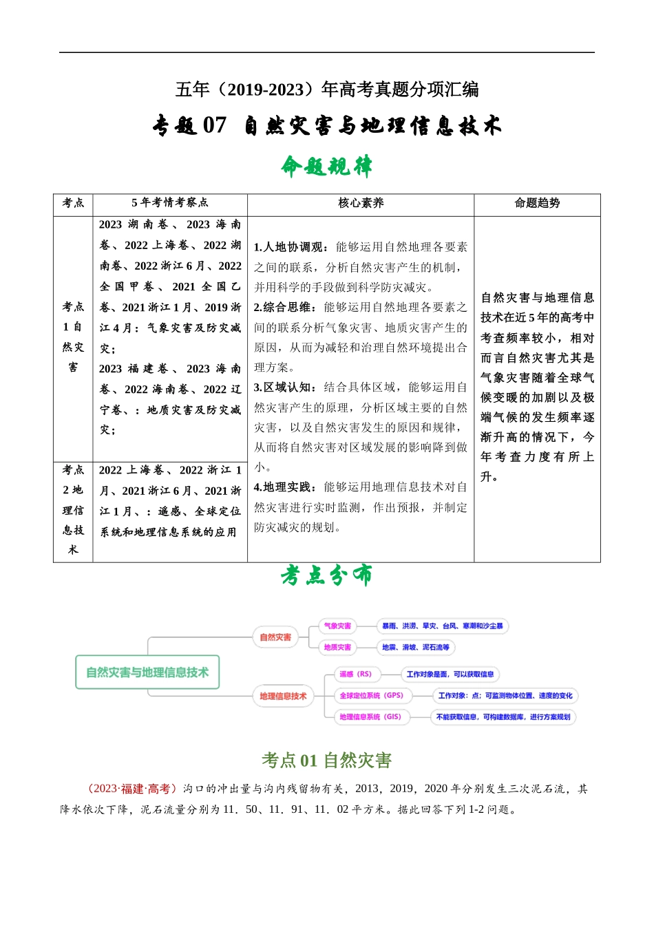 专题07  自然灾害与地理信息技术-五年（2019-2023）高考地理真题分项汇编（原卷版）.docx_第1页