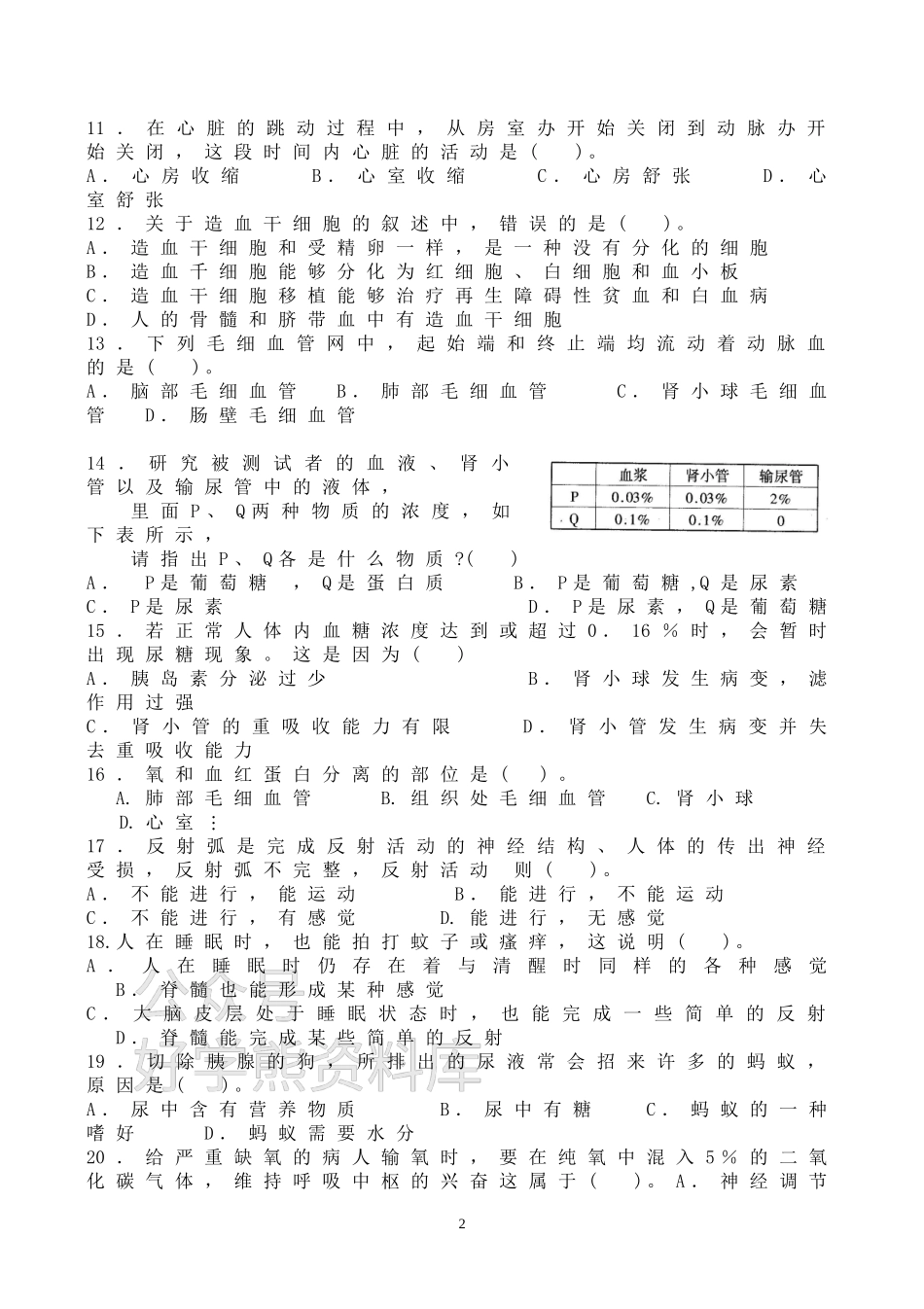 济南版七年级下册生物期末测试题及参考答案.doc_第2页