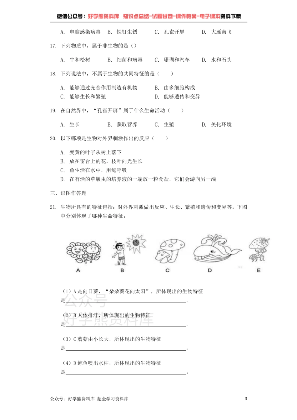 人教版七年级上册生物第一单元 第一章 认识生物单元测试（解析版）.pdf_第3页