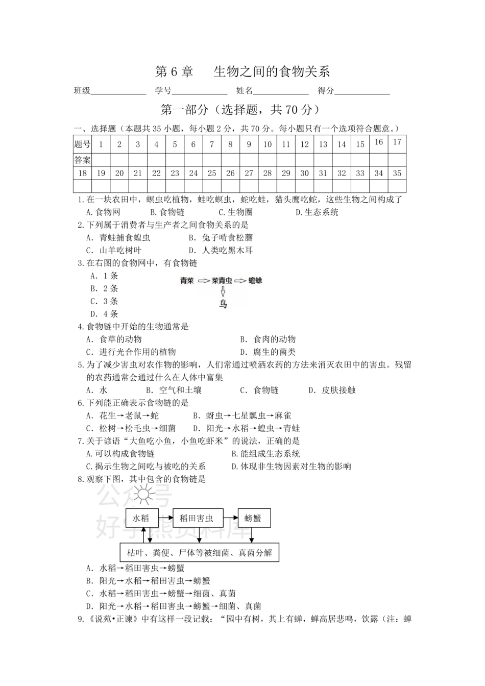 苏科版七年级上册单元测试——第6章   生物之间的食物关系.pdf_第1页