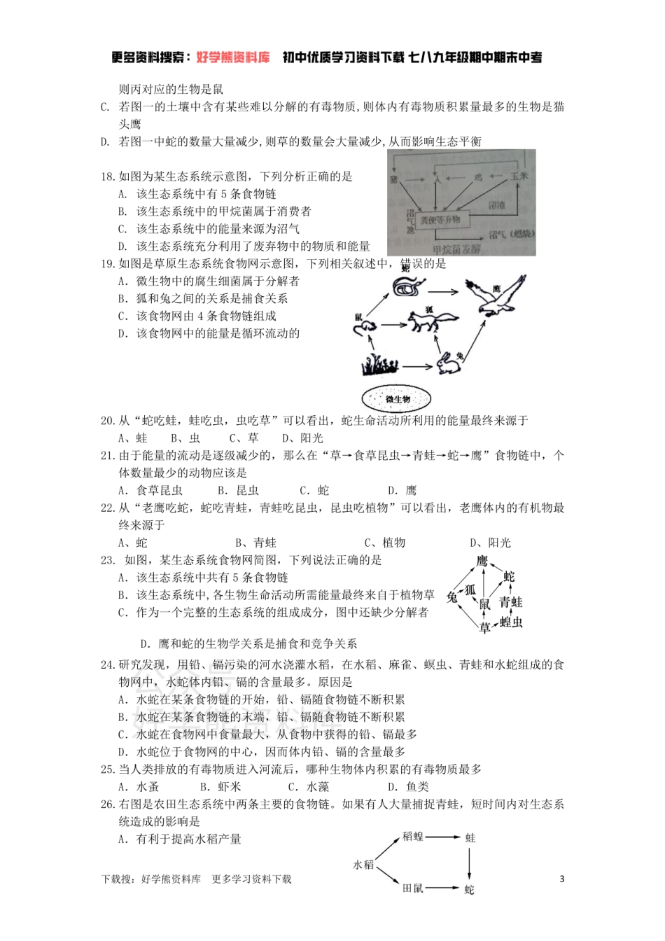 苏科版七年级上册单元测试——第6章   生物之间的食物关系.pdf_第3页