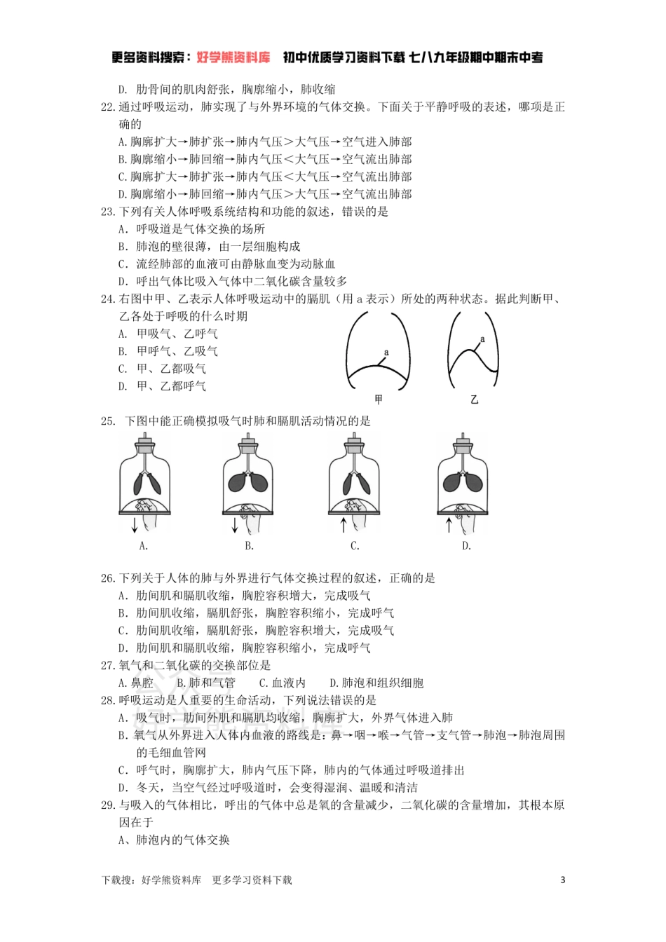 苏科版七年级上册单元测试——第7章   能量的释放与呼吸（二）.pdf_第3页