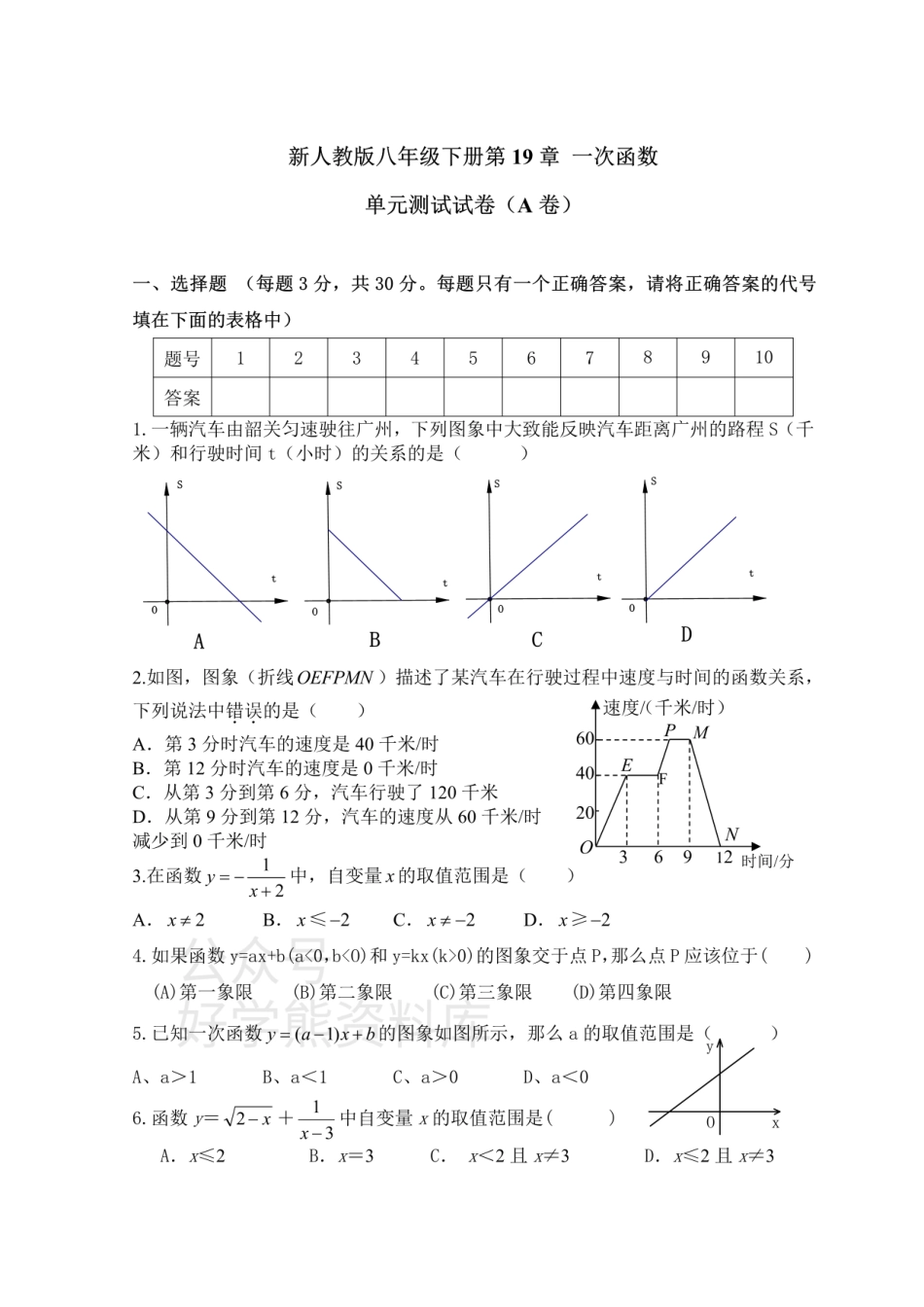 新人教版八年级下册第19章 一次函数 单元测试试卷（A卷）.pdf_第1页