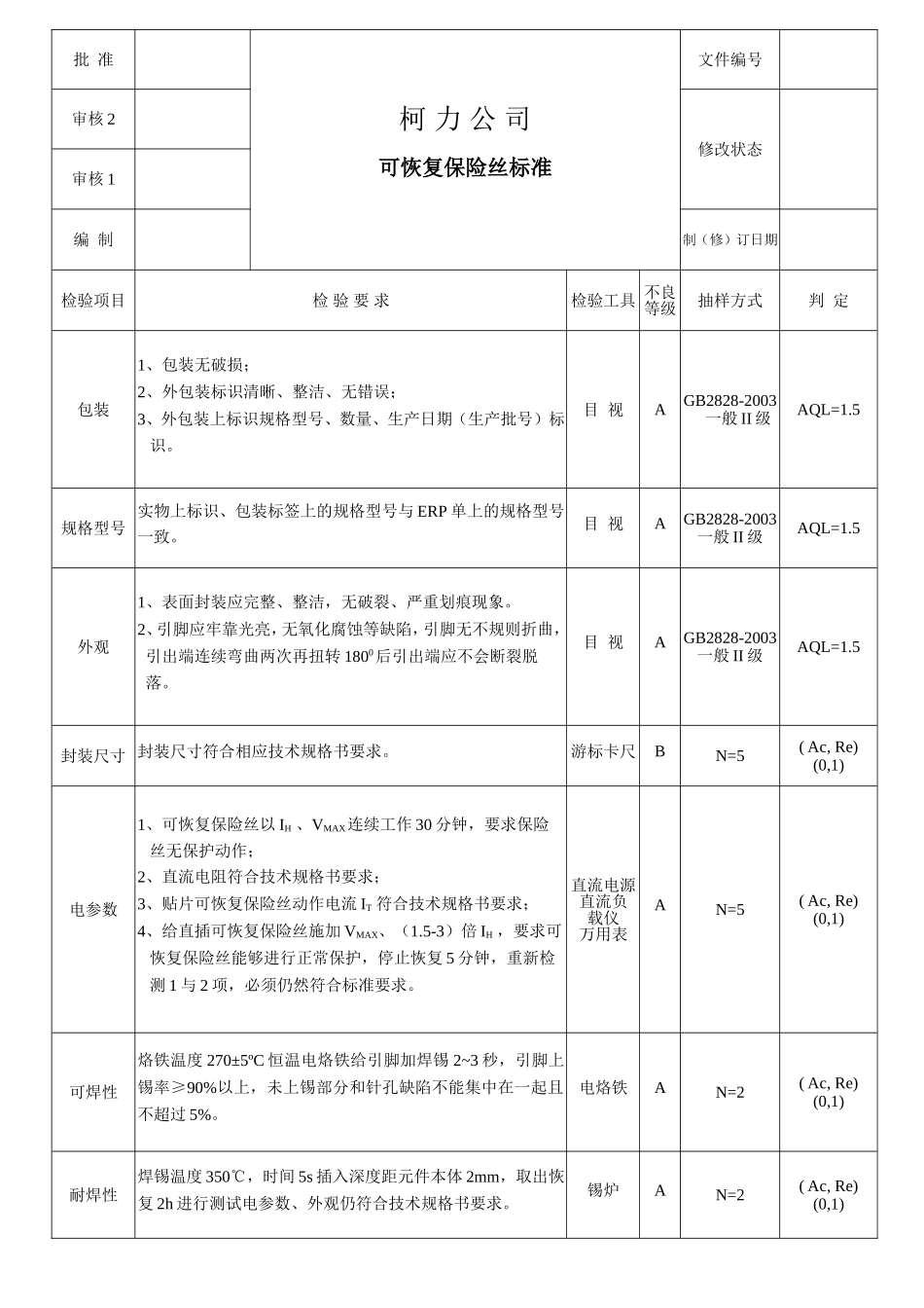 110705可恢复保险丝检验标准.doc_第1页