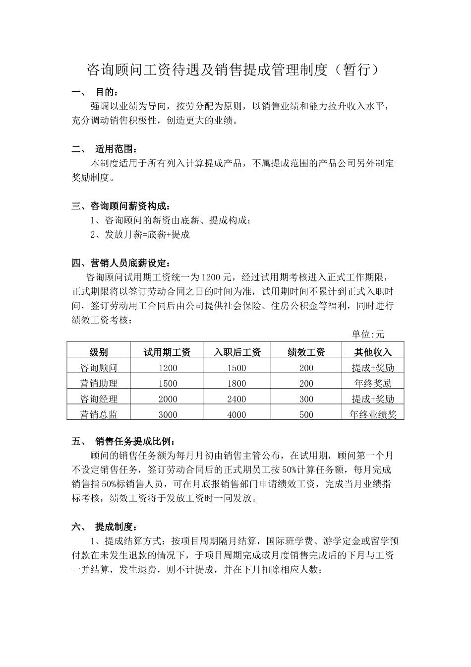 咨询顾问工资待遇及销售提成管理制度(暂行).doc_第1页