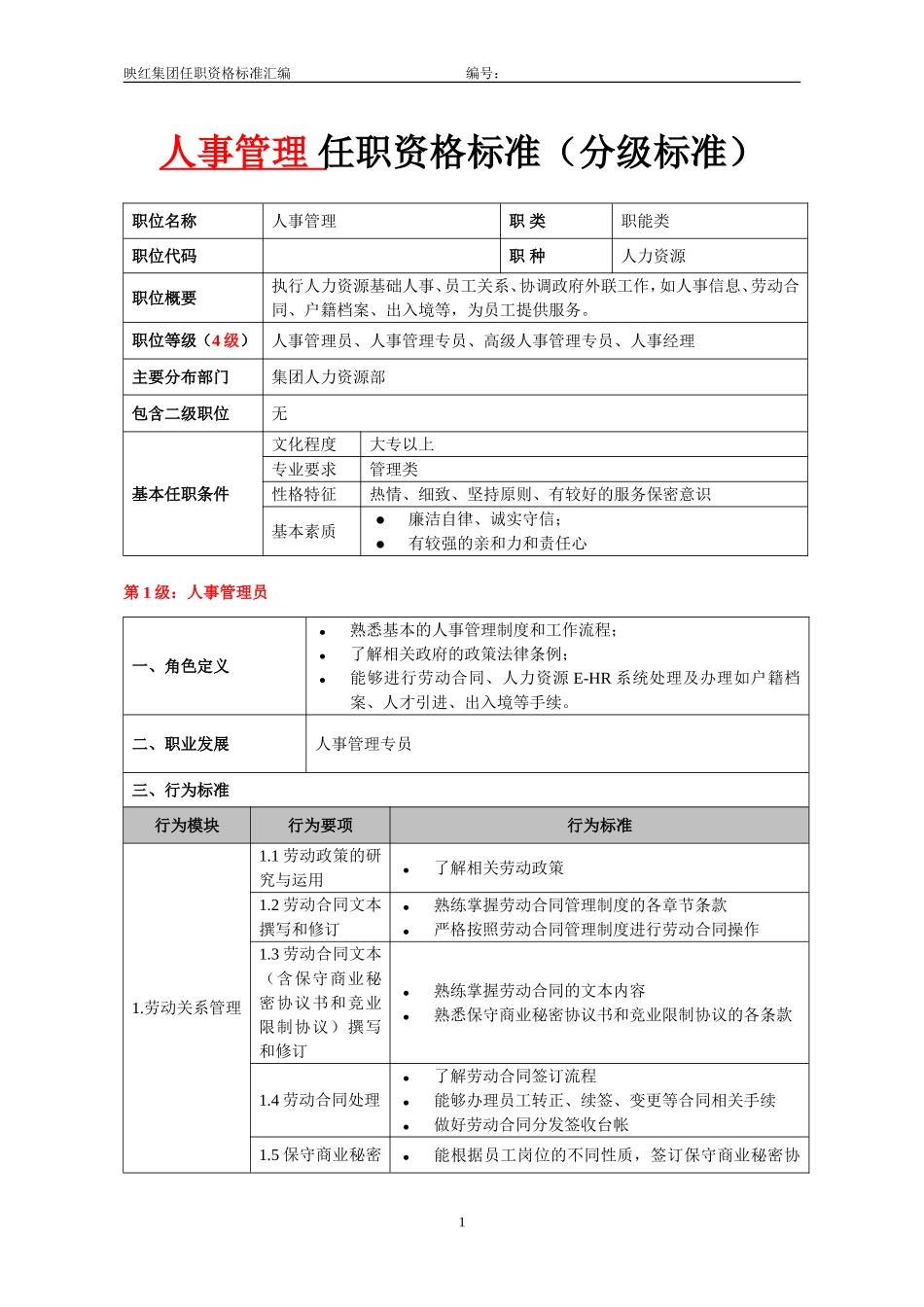 【标准】HR任职资格分级标准(人事管理).doc_第1页