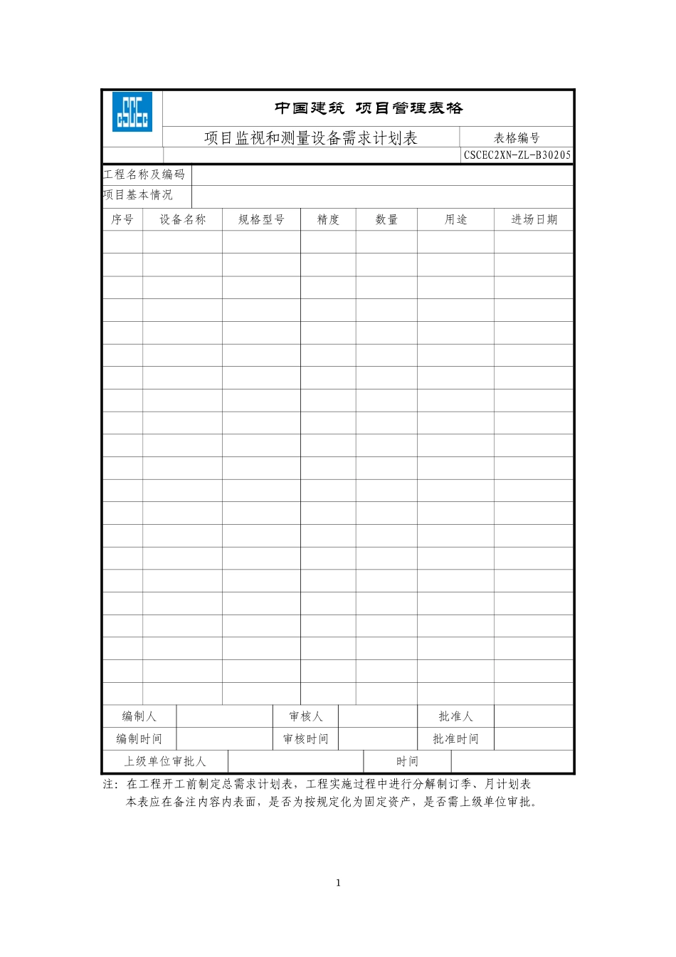 CSCEC2XN-ZL-B30205项目监视和测量设备需求计划表.doc_第1页