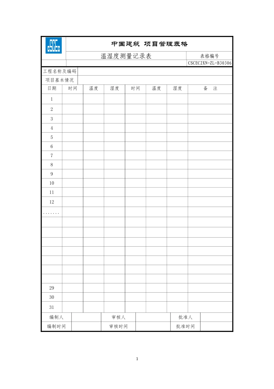 CSCEC2XN-ZL-B30306温湿度测量记录表.doc_第1页
