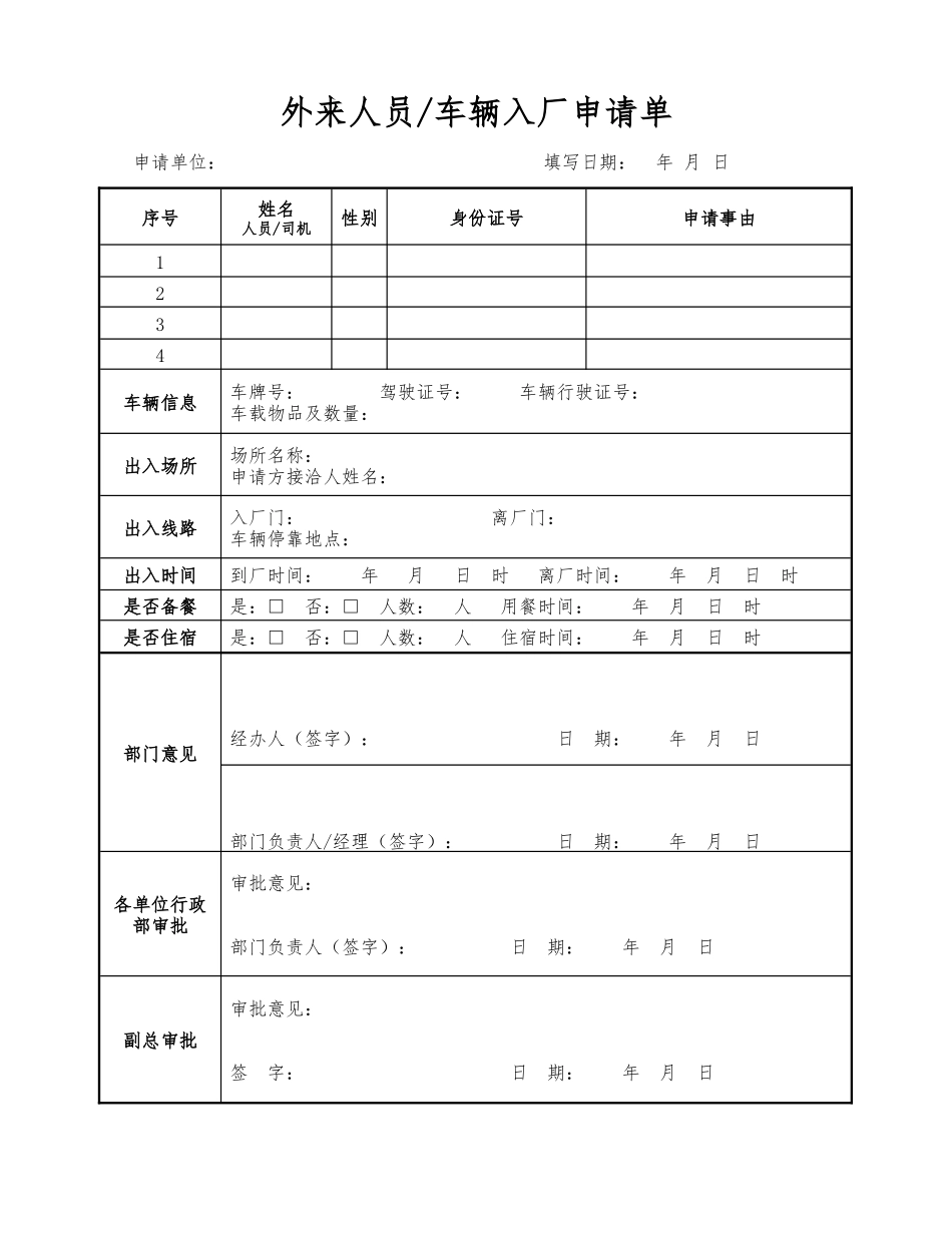 【出入管理】外来人员车辆入厂申请单.docx_第1页