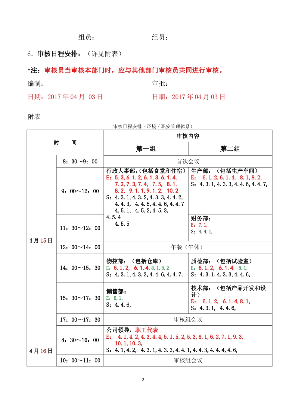 XX公司EOSH体系内审计划2017（举例）.doc_第2页