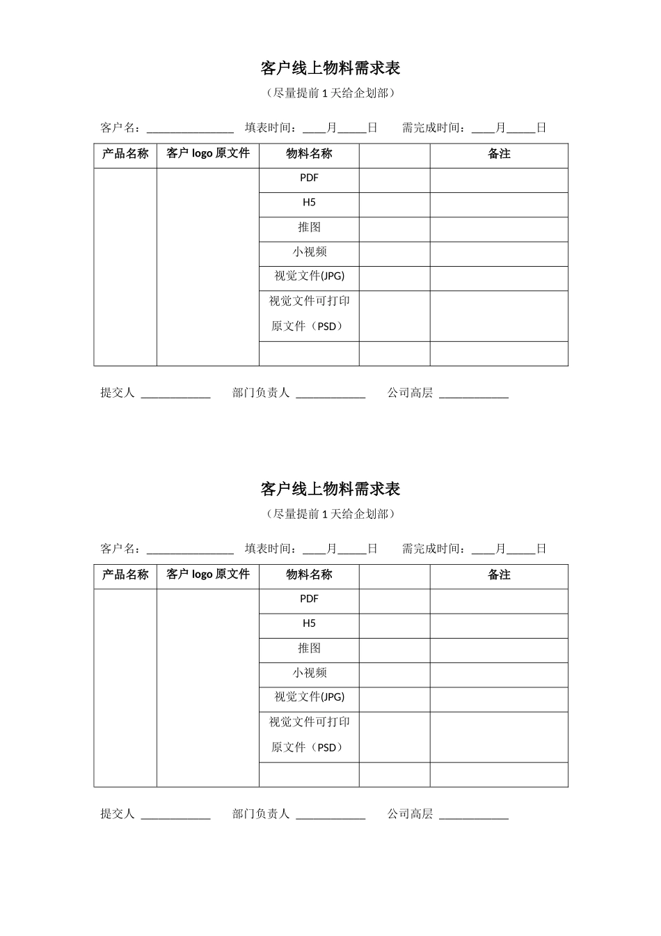 10.5、客户物料需求表-适用公司各类物料需求申请.docx_第1页