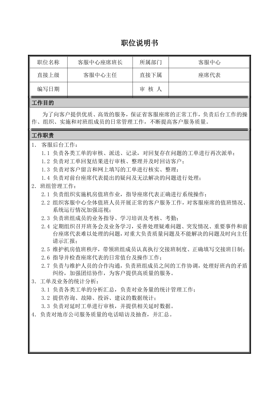 客服中心座席班长职位说明书(1).doc_第1页