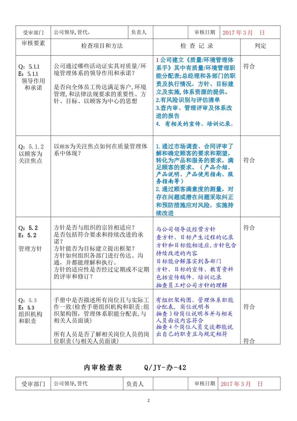 02公司领导内部质量审核检查表2016(1).doc_第2页