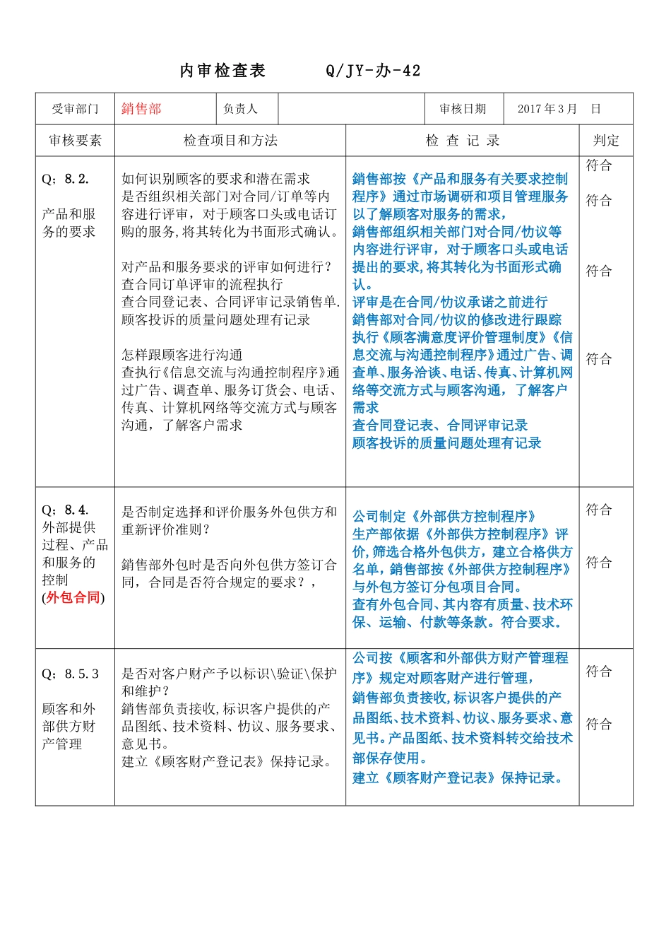 07銷售部内审检查表2016(1).doc_第1页