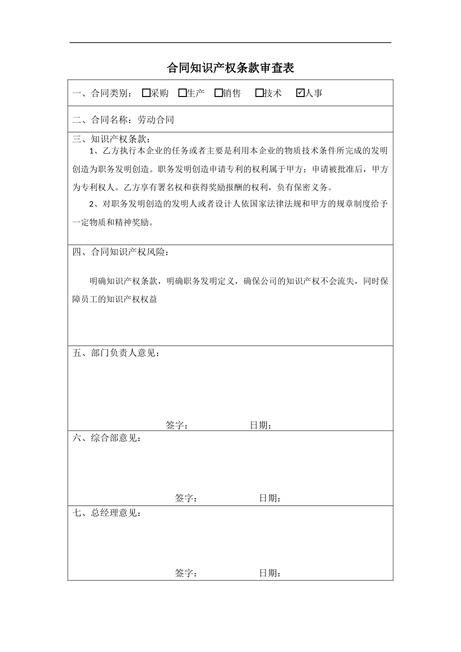 IPJL-11-1 合同知识产权条款审查表.docx_第1页