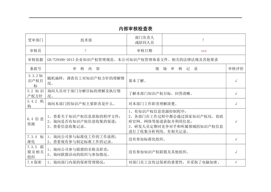 IPJL-17-3 内部审核检查表-3 技术部.docx_第1页