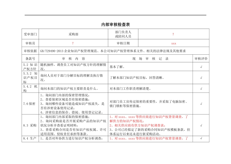 IPJL-17-3 内部审核检查表-6 采购部.docx_第1页