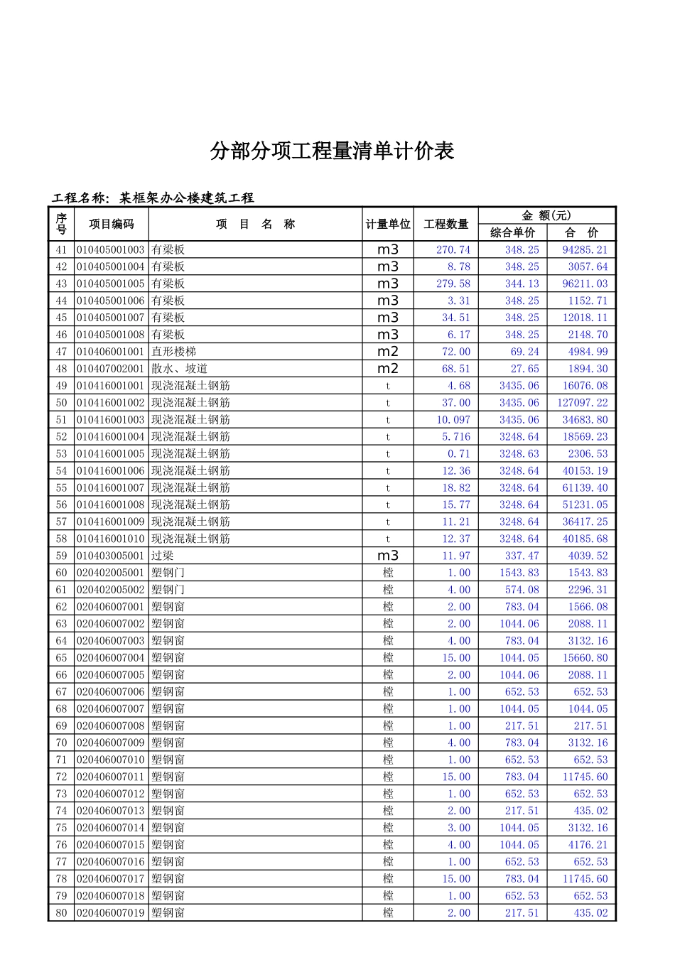 某框架办公楼-分部分项工程量清单计价表.xls_第2页