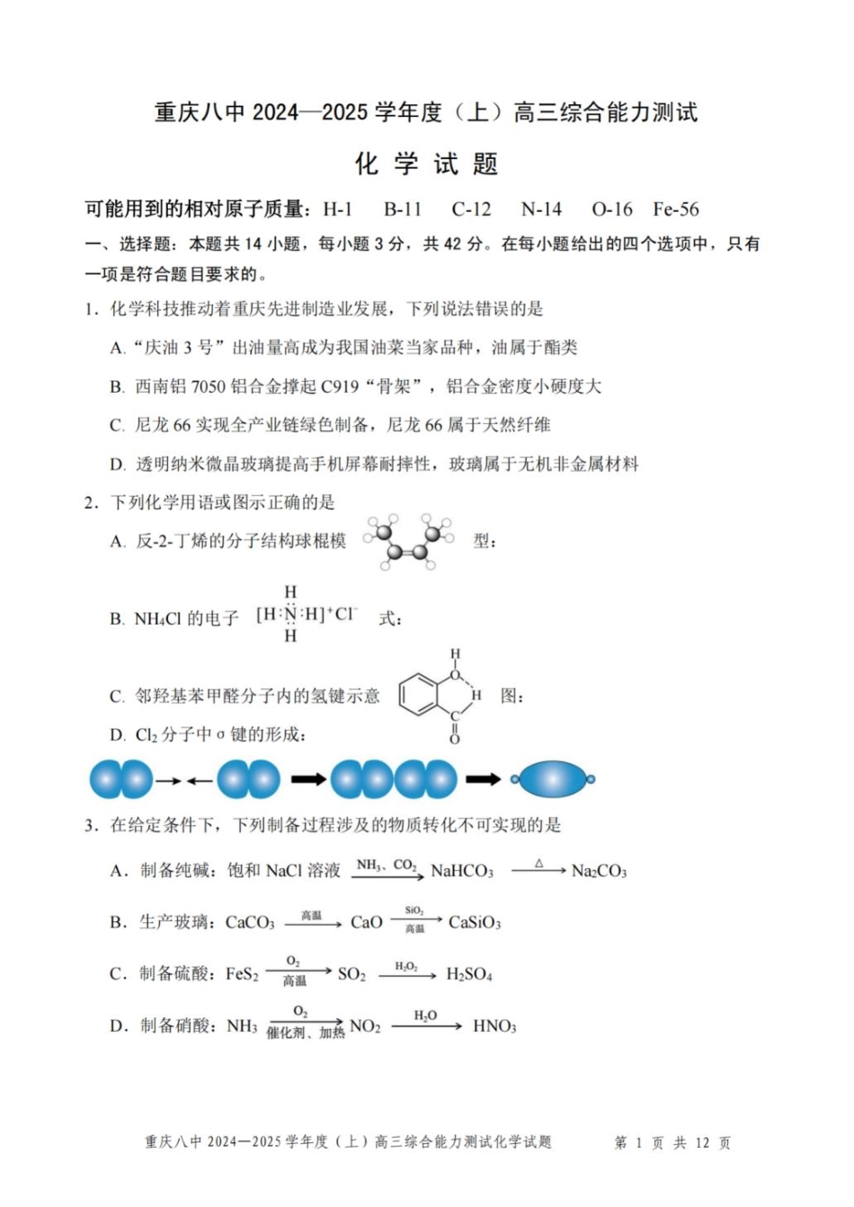 重庆市第八中学2025届高三上学期1月综合能力测试（期末） 化学含答案.pdf_第1页