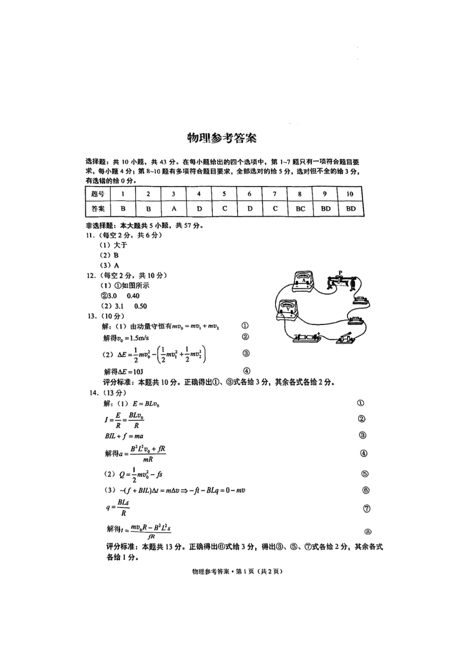 重庆市第一中学校2025届高三上学期12月月考物理答案.docx_第1页