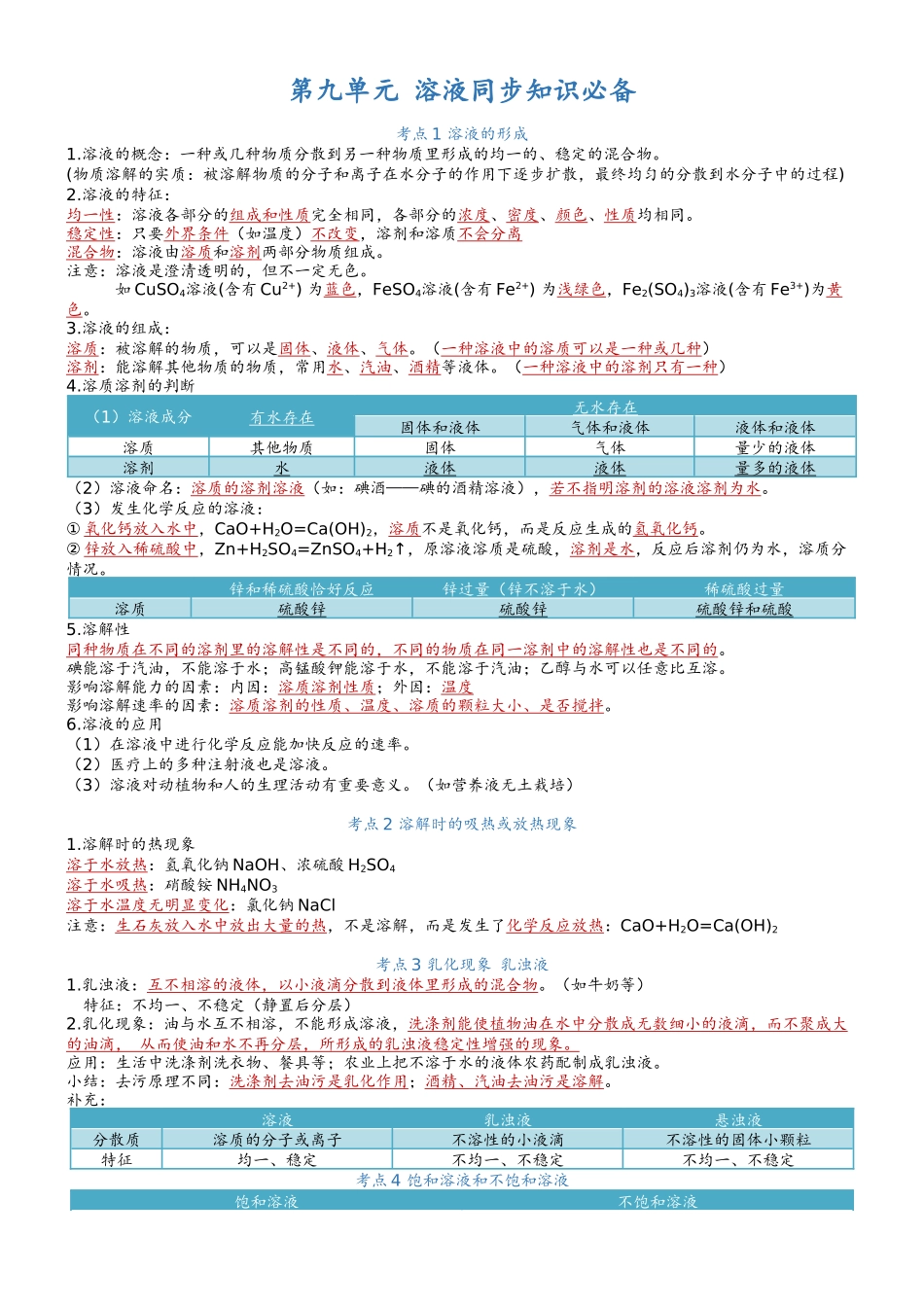 第9单元溶液-【知识清单】九年级化学同步必备单元知识清单（人教版）.docx_第1页