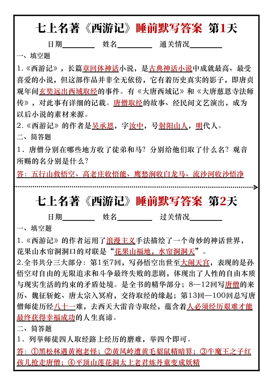 七上必读名著《西游记》睡前默写答案版.pdf_第1页