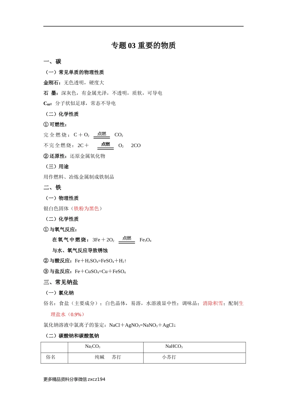 专题03 重要的物质-中考化学必背知识手册（全国通用）.docx_第1页