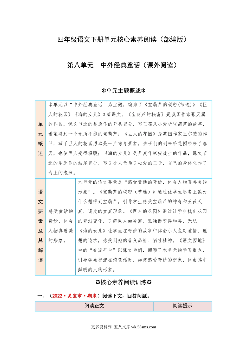 第8单元 中外经典童话（课外阅读） 四年级语文下册 （部编版）.docx_第1页