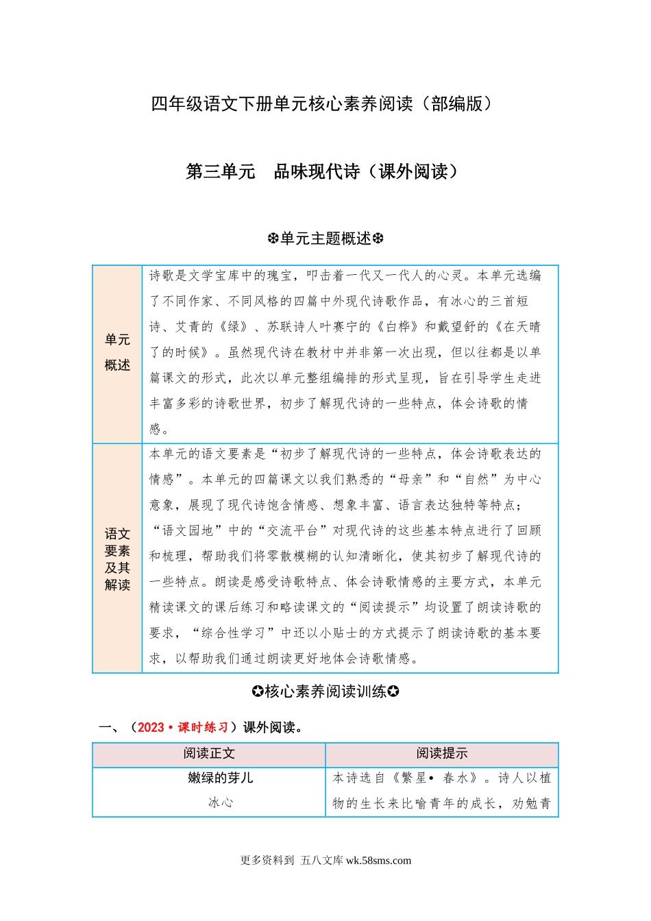 第3单元 品味现代诗（课外阅读） 四年级语文下册 （部编版）.docx_第1页