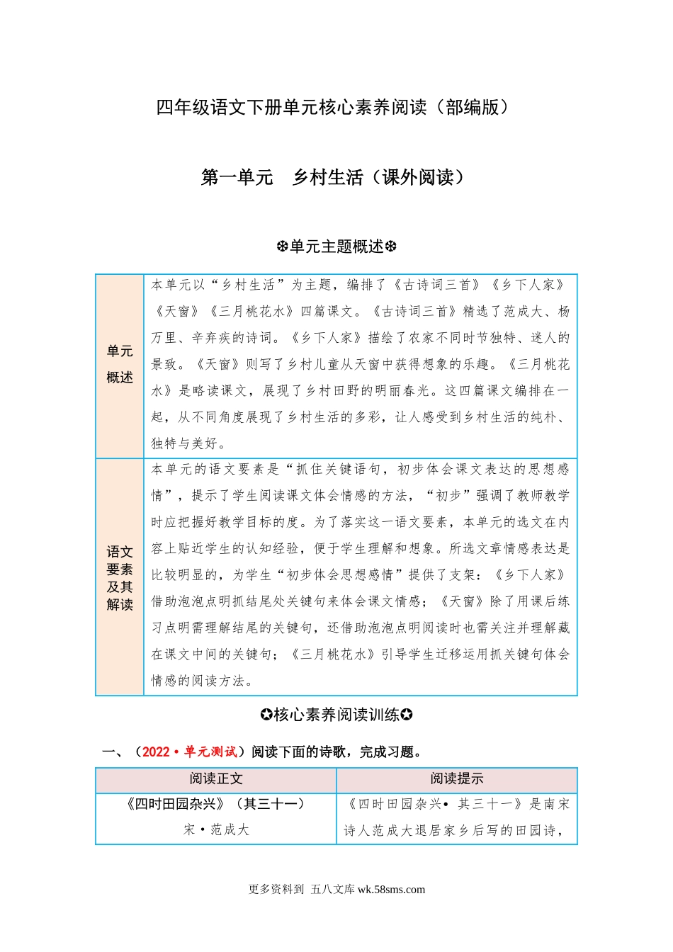 第1单元 乡村生活（课外阅读） 四年级语文下册 （部编版）.docx_第1页