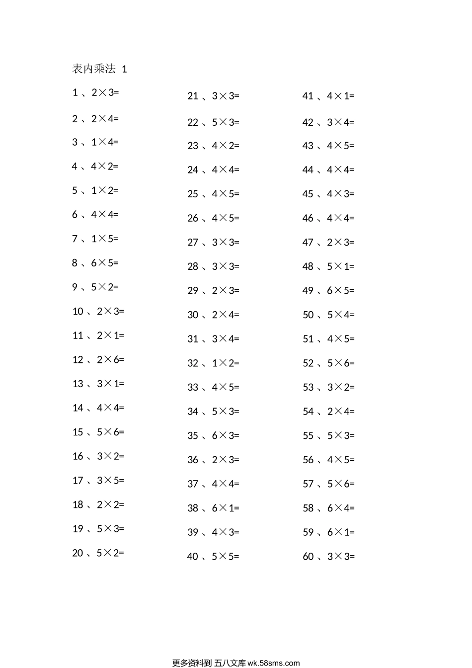 小学数学口算二年级表内乘法第1~20篇（初级）.docx_第1页