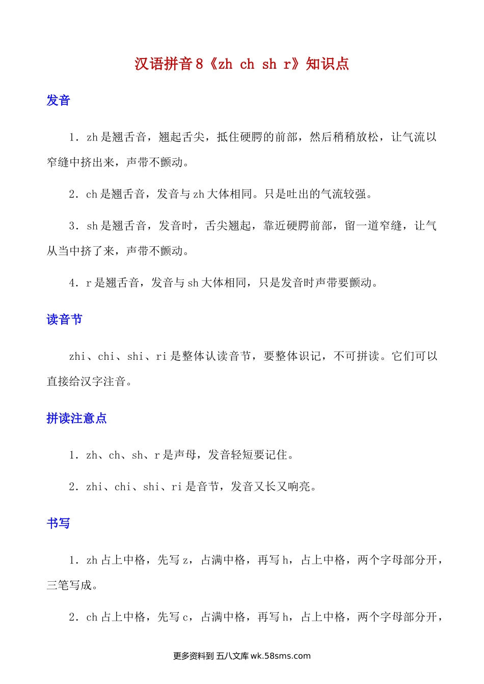 拼音8.《zh ch sh r》知识点及练习题小学语文一年级上册知识点清单（人教部编版）.docx_第1页